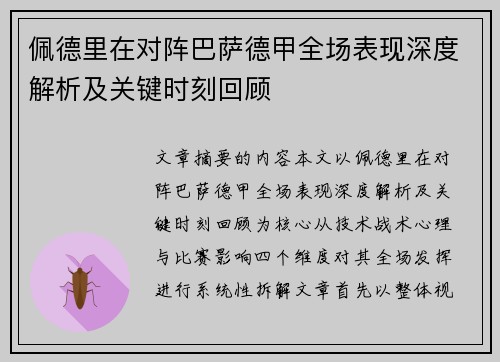 佩德里在对阵巴萨德甲全场表现深度解析及关键时刻回顾