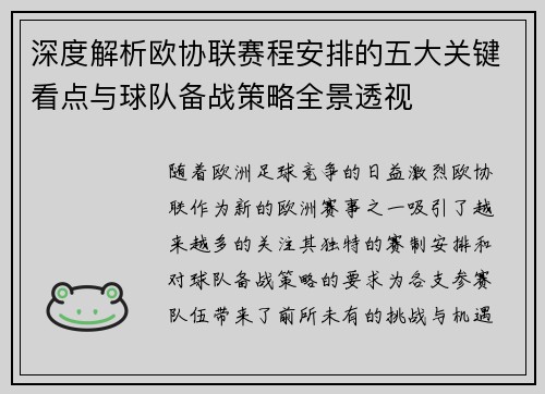 深度解析欧协联赛程安排的五大关键看点与球队备战策略全景透视